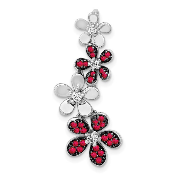 CLOSEOUT! 14k White Gold Diamond & .29 Red Ruby Four Flowers Chain Slide Pendant - Picture 1 of 2